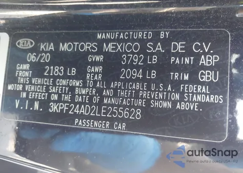 2020 Kia Forte Lxs from USA, damaged, VIN 3KPF24AD2LE255628